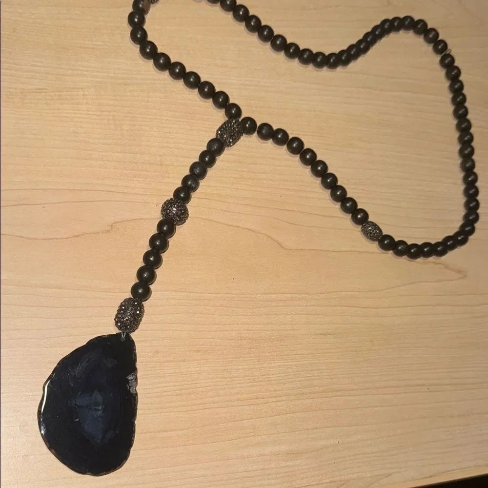 Black Stone Pendant Vintage LONG Necklace - Brand New Beautiful Beaded Necklace